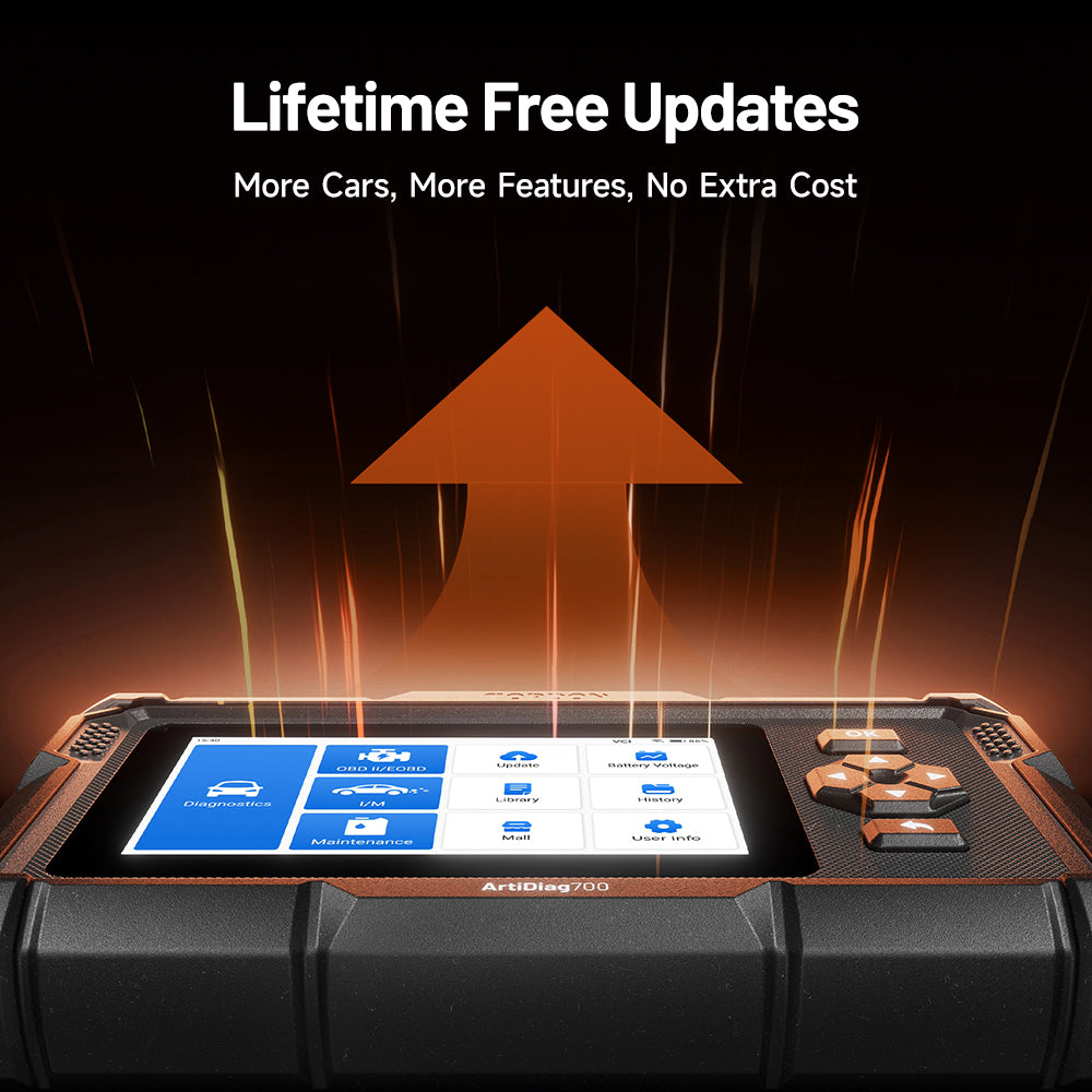 TOPDON ArtiDiag700 diagnostic scanner with lifetime free software updates and an illuminated touchscreen displaying the diagnostic interface