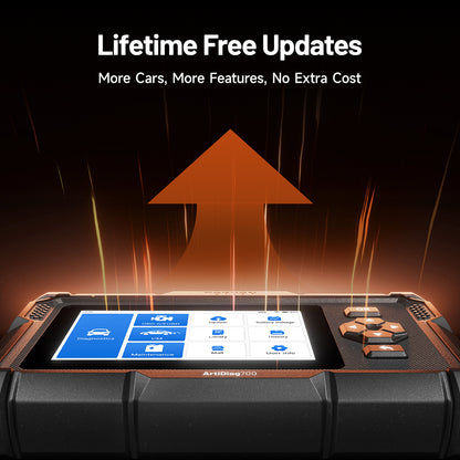 TOPDON ArtiDiag700 diagnostic scanner with lifetime free software updates and an illuminated touchscreen displaying the diagnostic interface