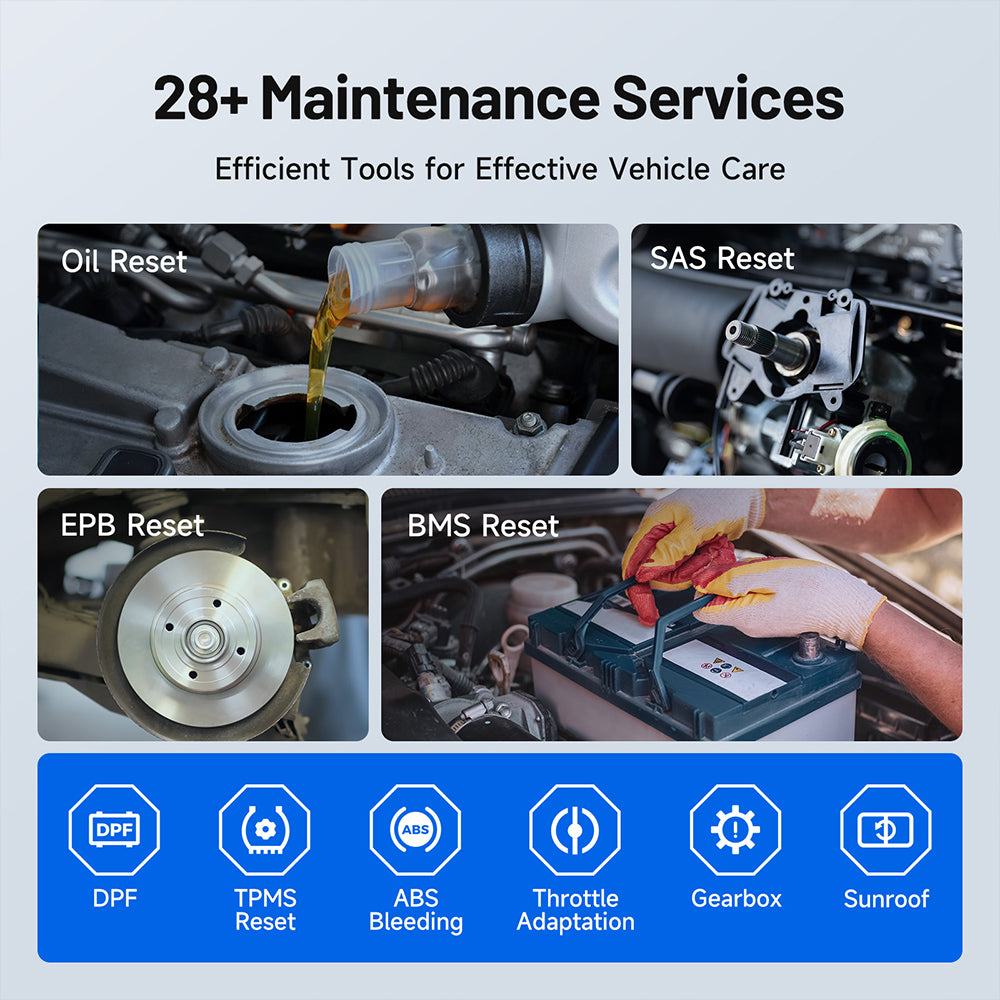 TOPDON ArtiDiag800BT 2 supporting more than 28 maintenance services, including oil, SAS, EPB, BMS, DPF, TPMS, ABS and throttle resets