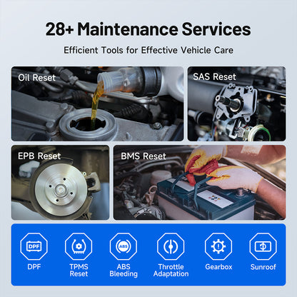 TOPDON ArtiDiag800BT 2 supporting more than 28 maintenance services, including oil, SAS, EPB, BMS, DPF, TPMS, ABS and throttle resets