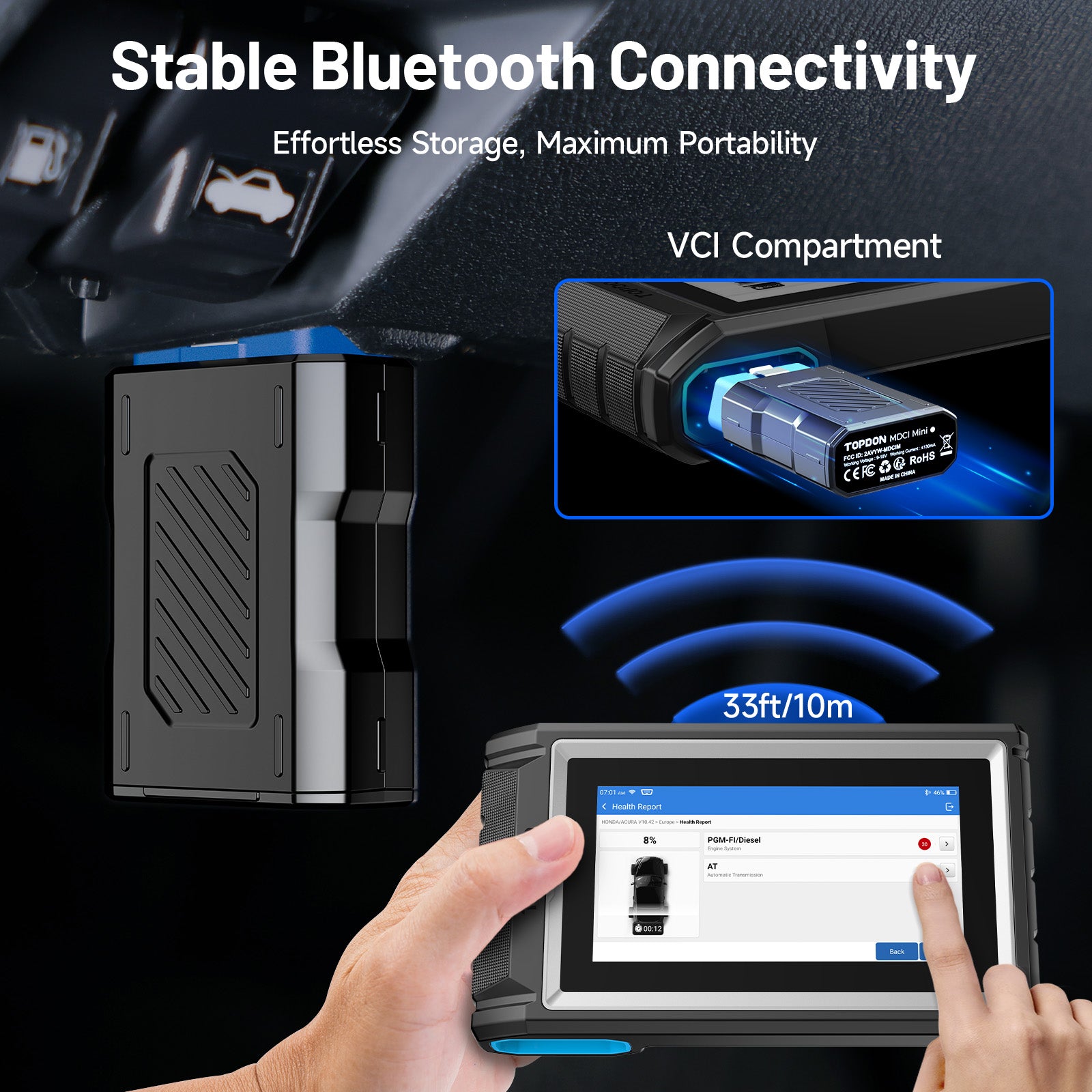 TOPDON ArtiDiag800BT 2 Bluetooth VCI stored in its compartment beside the diagnostic tablet, showing a 33-foot wireless range