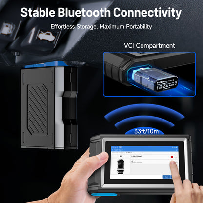 TOPDON ArtiDiag800BT 2 Bluetooth VCI stored in its compartment beside the diagnostic tablet, showing a 33-foot wireless range