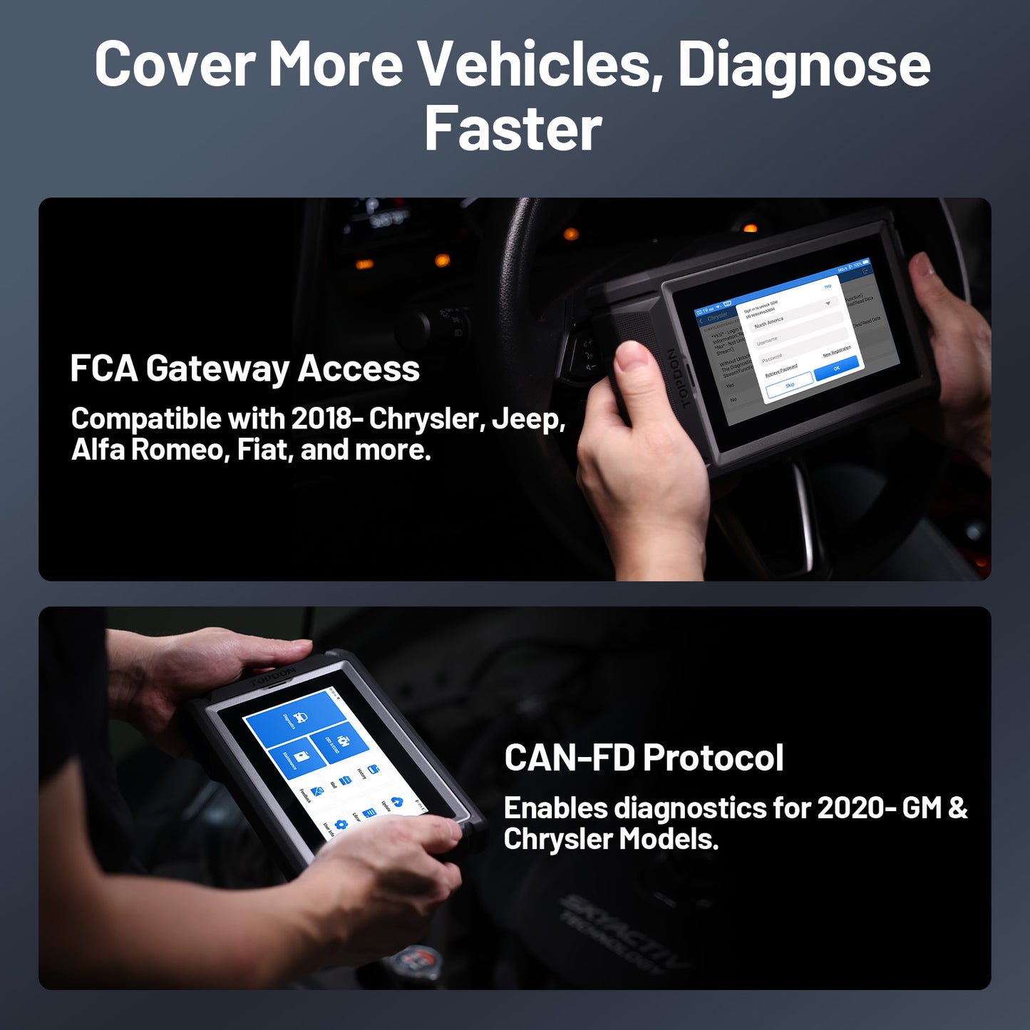 TOPDON ArtiDiag800BT 2 providing FCA Gateway access for Chrysler, Jeep and Alfa Romeo vehicles, plus CAN-FD diagnostics for newer GM and Chrysler models