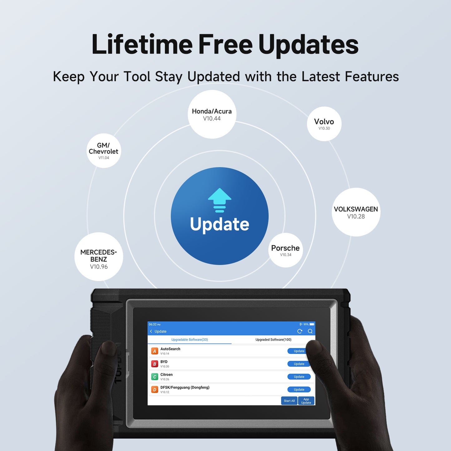 TOPDON ArtiDiag800BT 2 tablet displaying lifetime free software updates for vehicle brands including Honda, Acura, GM, Chevrolet, Volvo, Volkswagen, Porsche and Mercedes-Benz