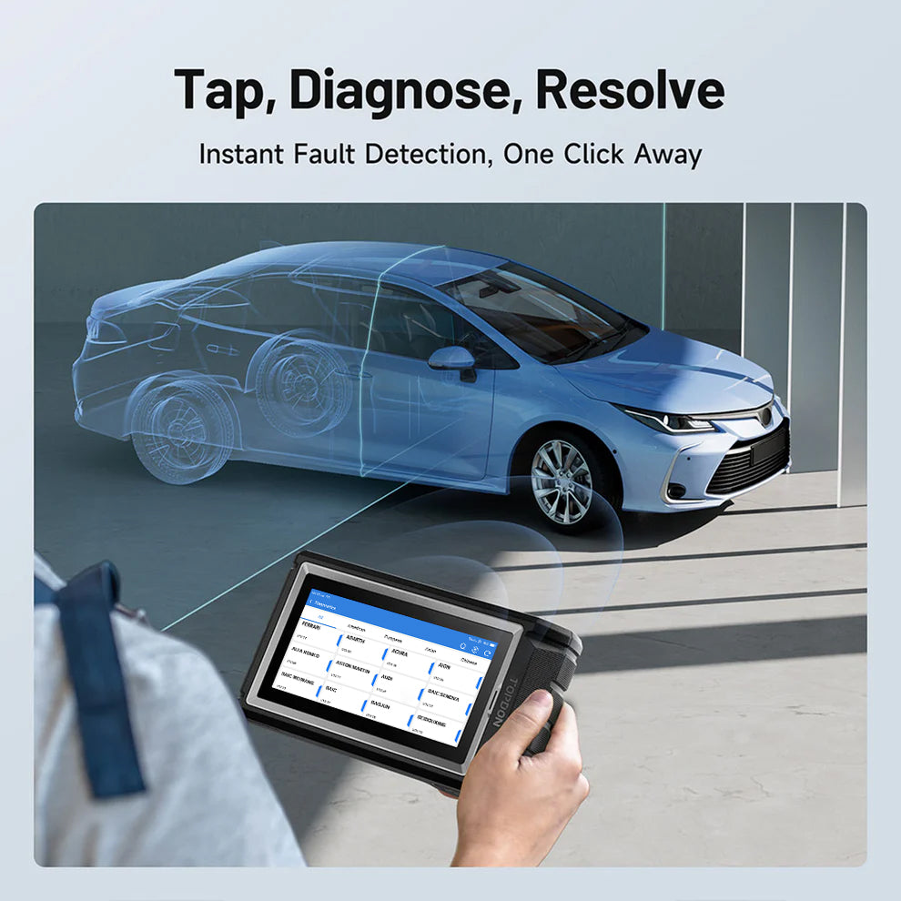 Technician using the TOPDON ArtiDiag800BT 2 touchscreen diagnostic scanner to select a vehicle and identify faults