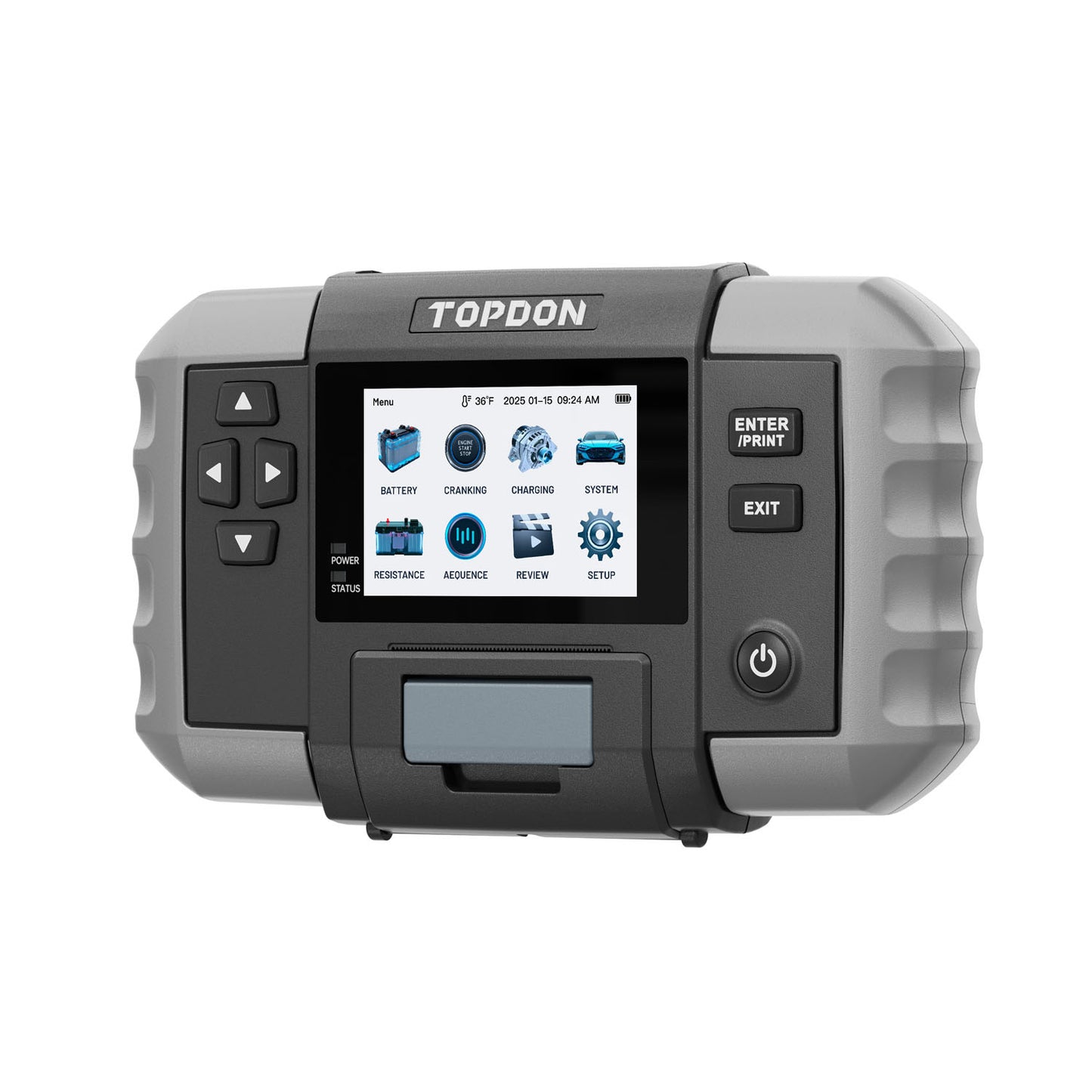 Angled front left view of TOPDON BT600 Plus Battery Tester with built-in printer slot