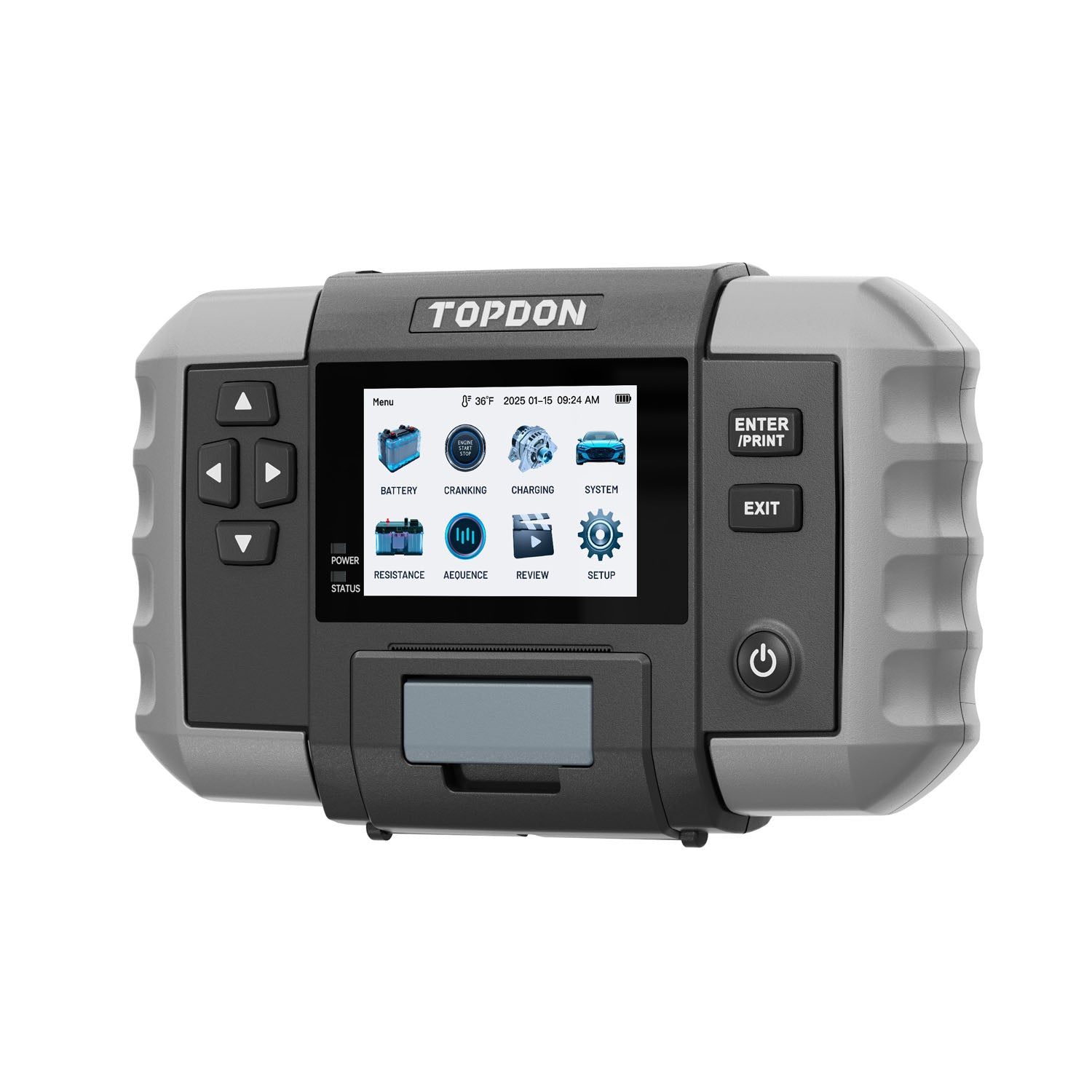 Angled front left view of TOPDON BT600 Plus Battery Tester with built-in printer slot