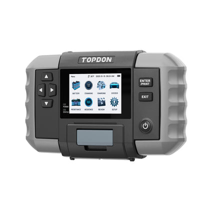 Angled front left view of TOPDON BT600 Plus Battery Tester with built-in printer slot