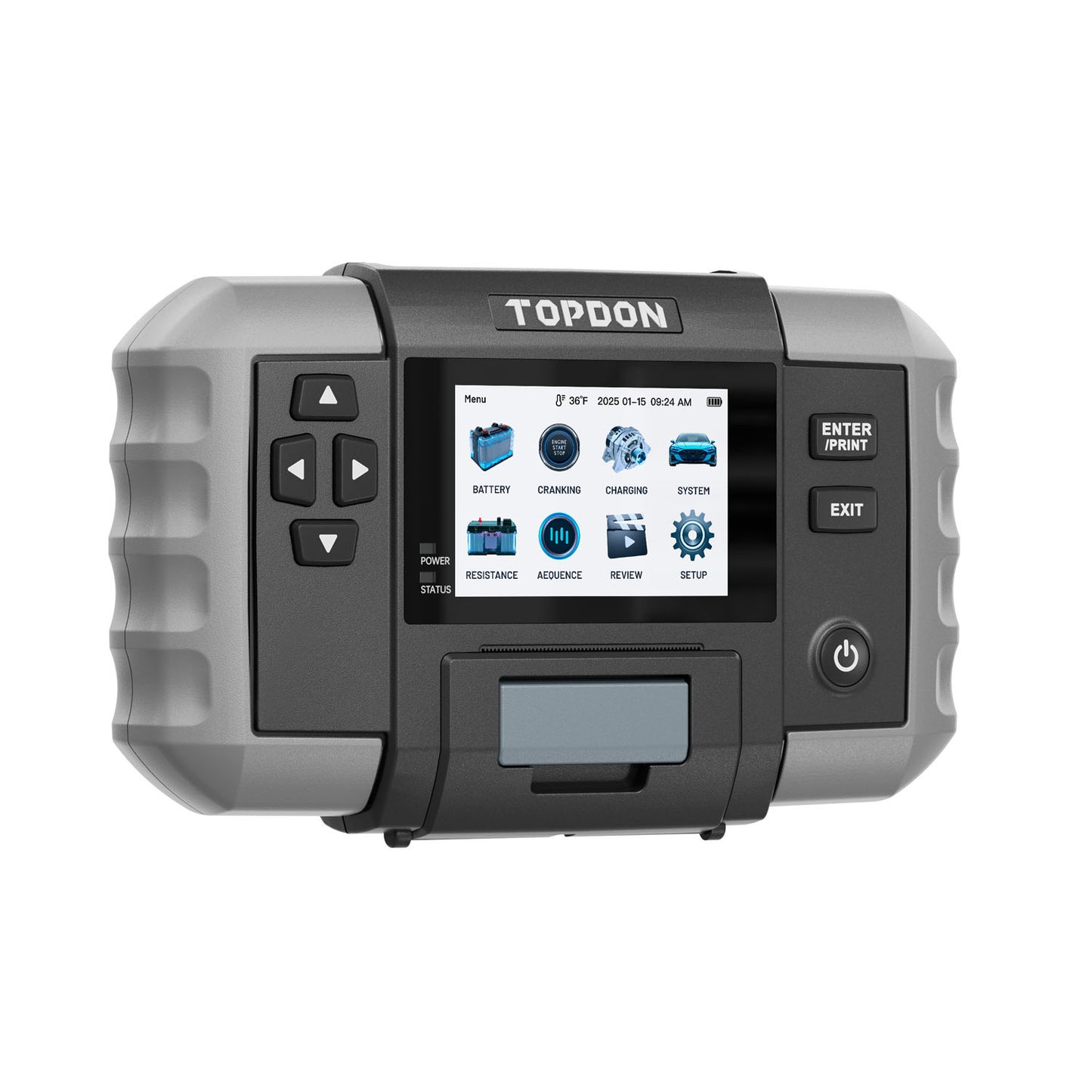Angled front right view of TOPDON BT600 Plus Battery Tester with color screen and navigation buttons