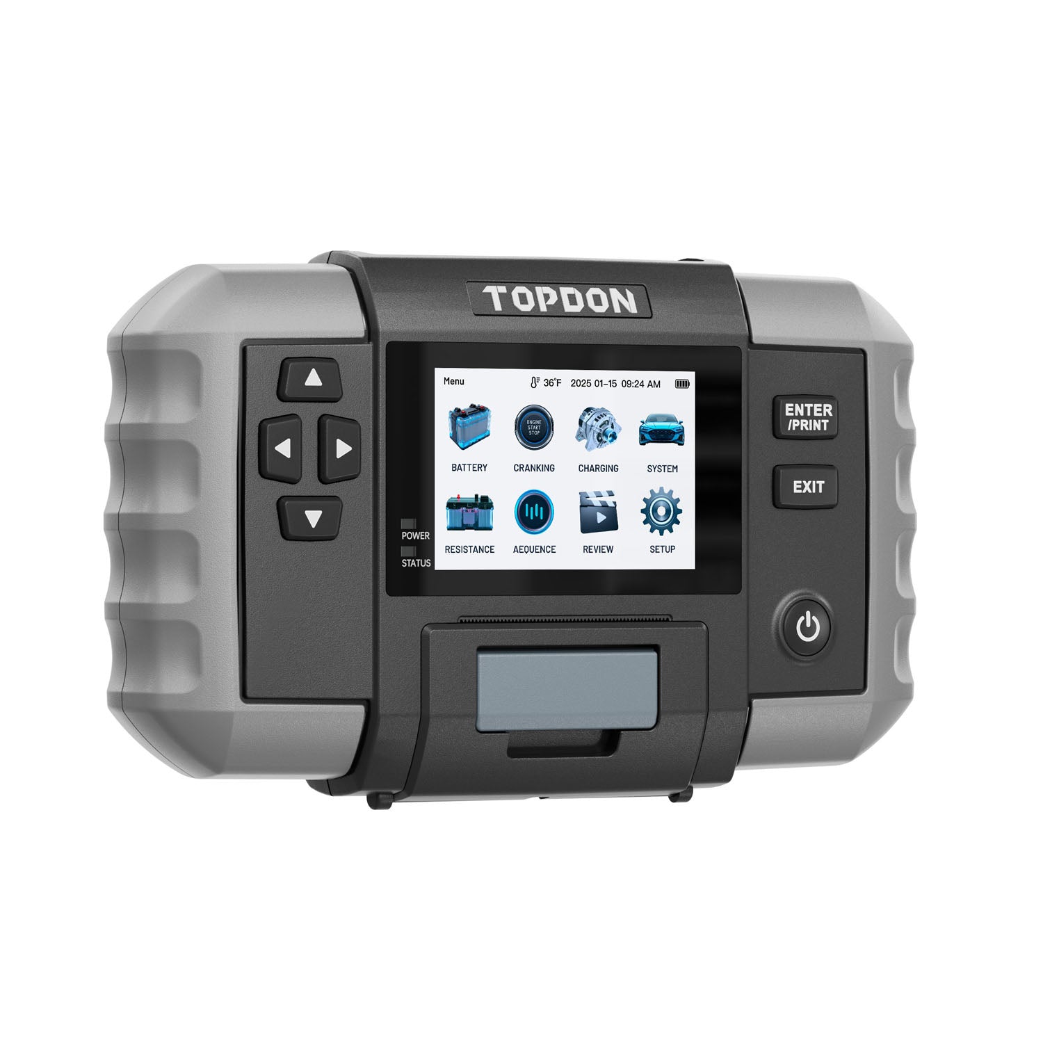Angled front right view of TOPDON BT600 Plus Battery Tester with color screen and navigation buttons