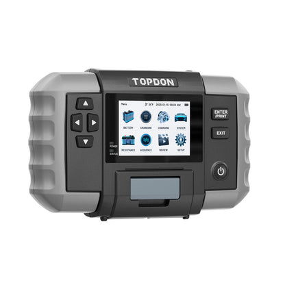 Angled front right view of TOPDON BT600 Plus Battery Tester with color screen and navigation buttons
