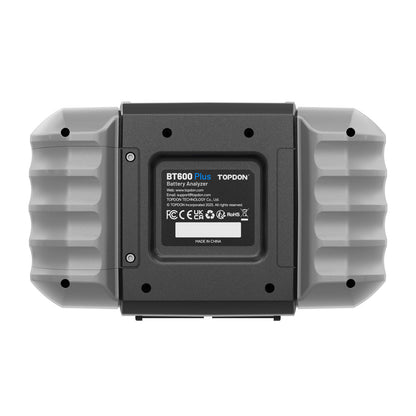 Back view of TOPDON BT600 Plus Battery Analyzer showing product label and compliance certifications