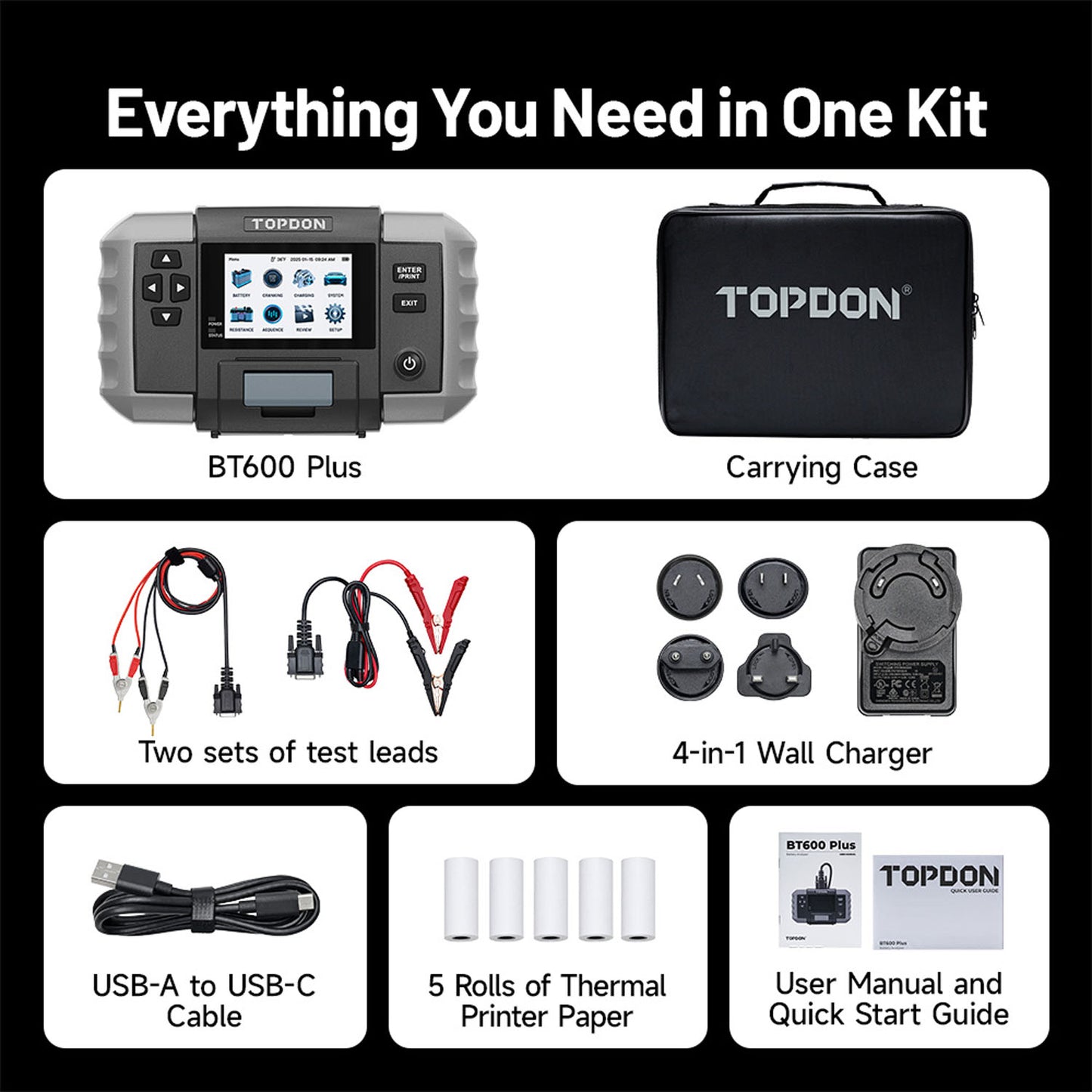 TOPDON BT600 Plus Battery Tester full kit including carrying case, test leads, 4-in-1 wall charger, USB-C cable, printer paper, and user manual