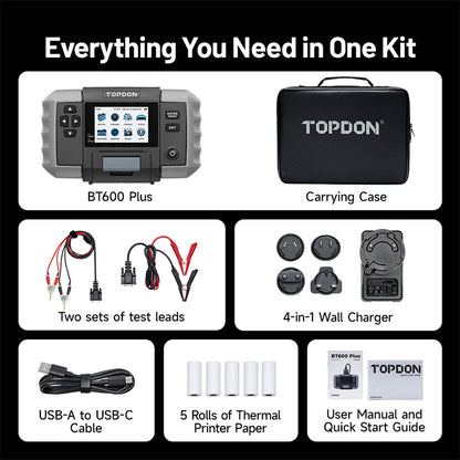 TOPDON BT600 Plus Battery Tester full kit including carrying case, test leads, 4-in-1 wall charger, USB-C cable, printer paper, and user manual