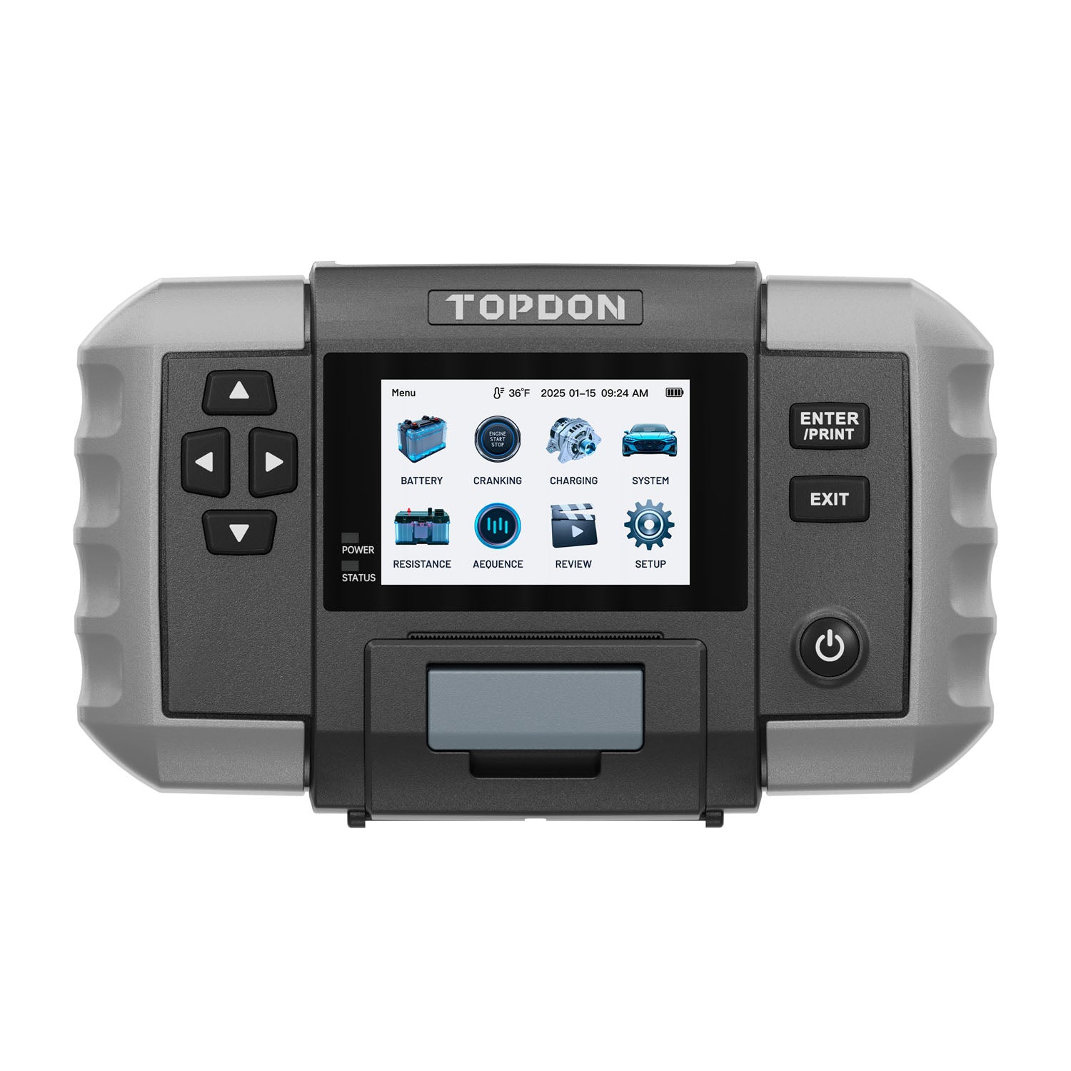 Front view of TOPDON BT600 Plus Battery Tester with LCD screen and testing menu options