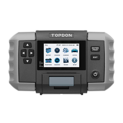 Front view of TOPDON BT600 Plus Battery Tester with LCD screen and testing menu options
