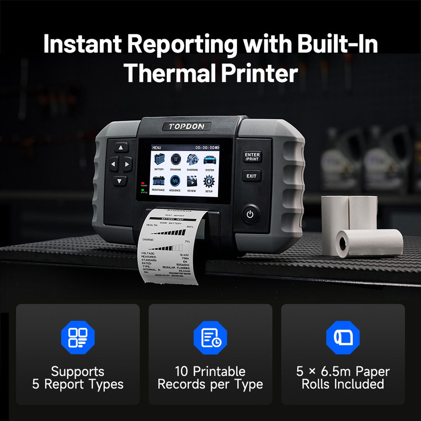 TOPDON BT600 Plus features a built-in thermal printer for instant test reports with 5 report types