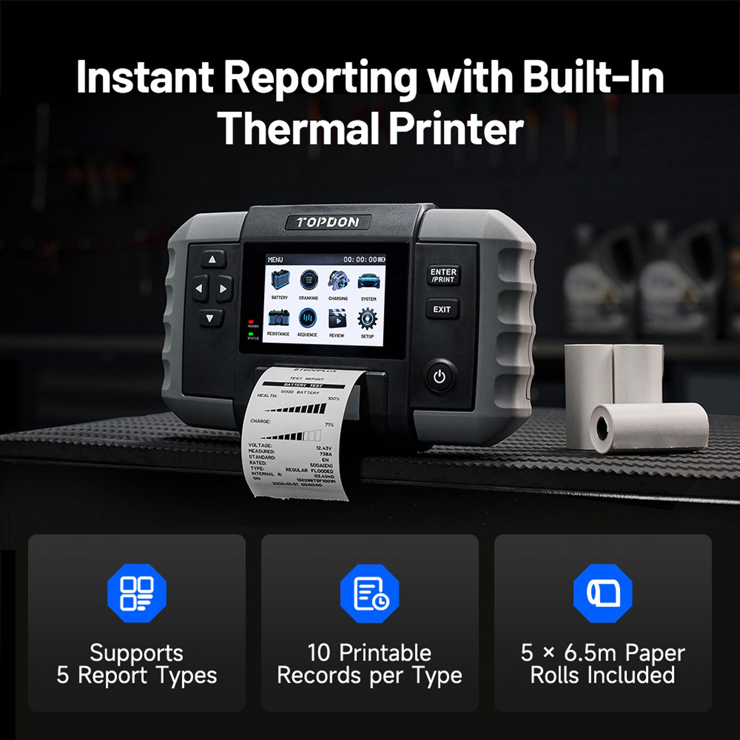 TOPDON BT600 Plus features a built-in thermal printer for instant test reports with 5 report types