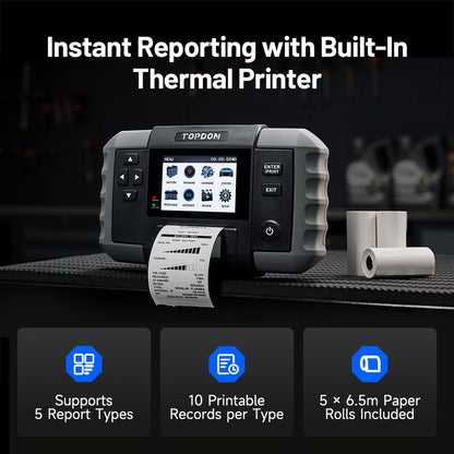 TOPDON BT600 Plus features a built-in thermal printer for instant test reports with 5 report types