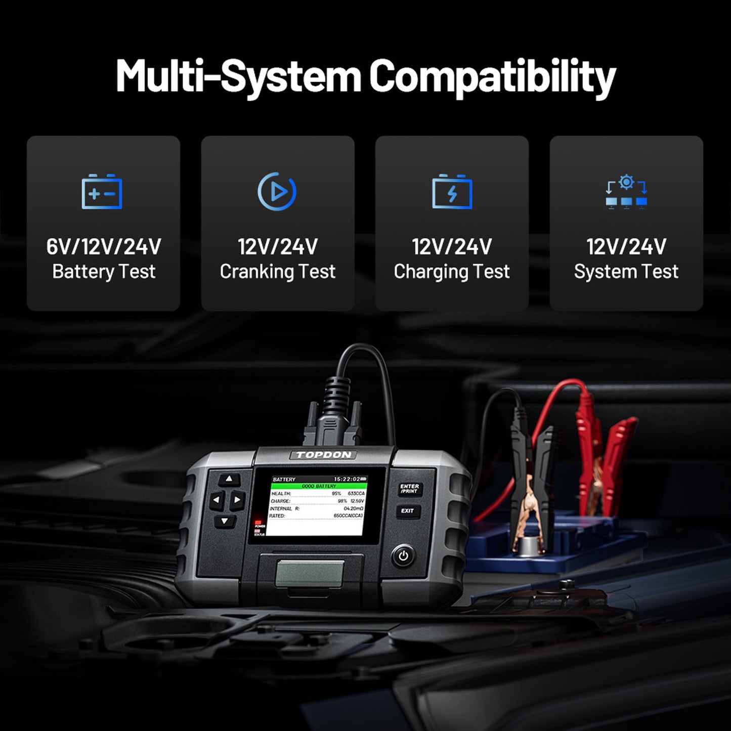 TOPDON BT600 Plus Battery Analyzer supports 6V, 12V, and 24V battery, cranking, charging, and system tests
