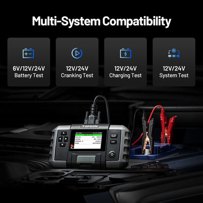 TOPDON BT600 Plus Battery Analyzer supports 6V, 12V, and 24V battery, cranking, charging, and system tests