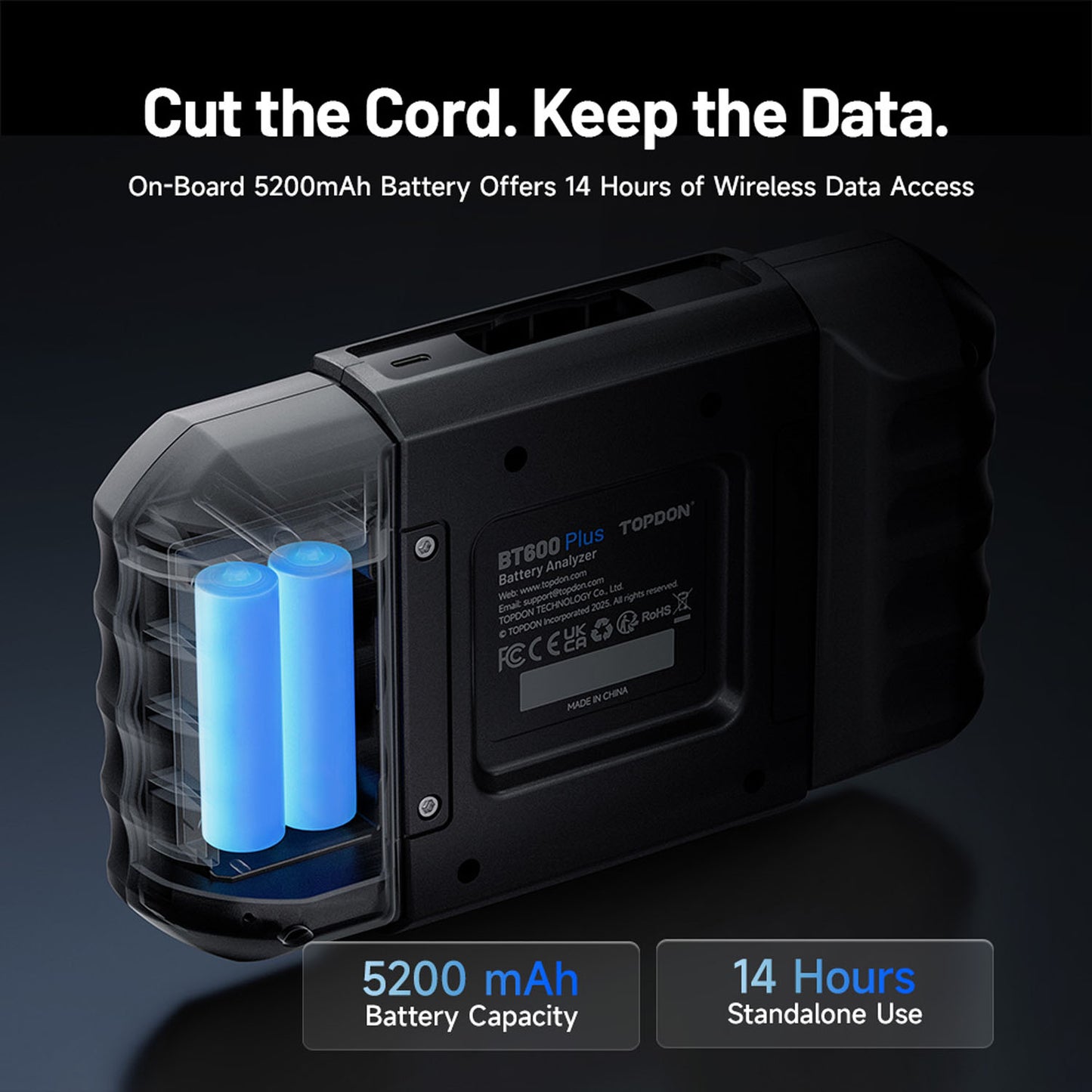 TOPDON BT600 Plus with 5200mAh built-in rechargeable battery offers 14 hours of standalone wireless use