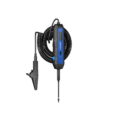 Angled view of TOPDON CT100 circuit tester showing LCD screen, control buttons, and diagnostic probe for vehicle electrical testing