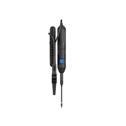 Side profile of TOPDON CT100 automotive circuit tester showing power button, probe connection, and durable housing design