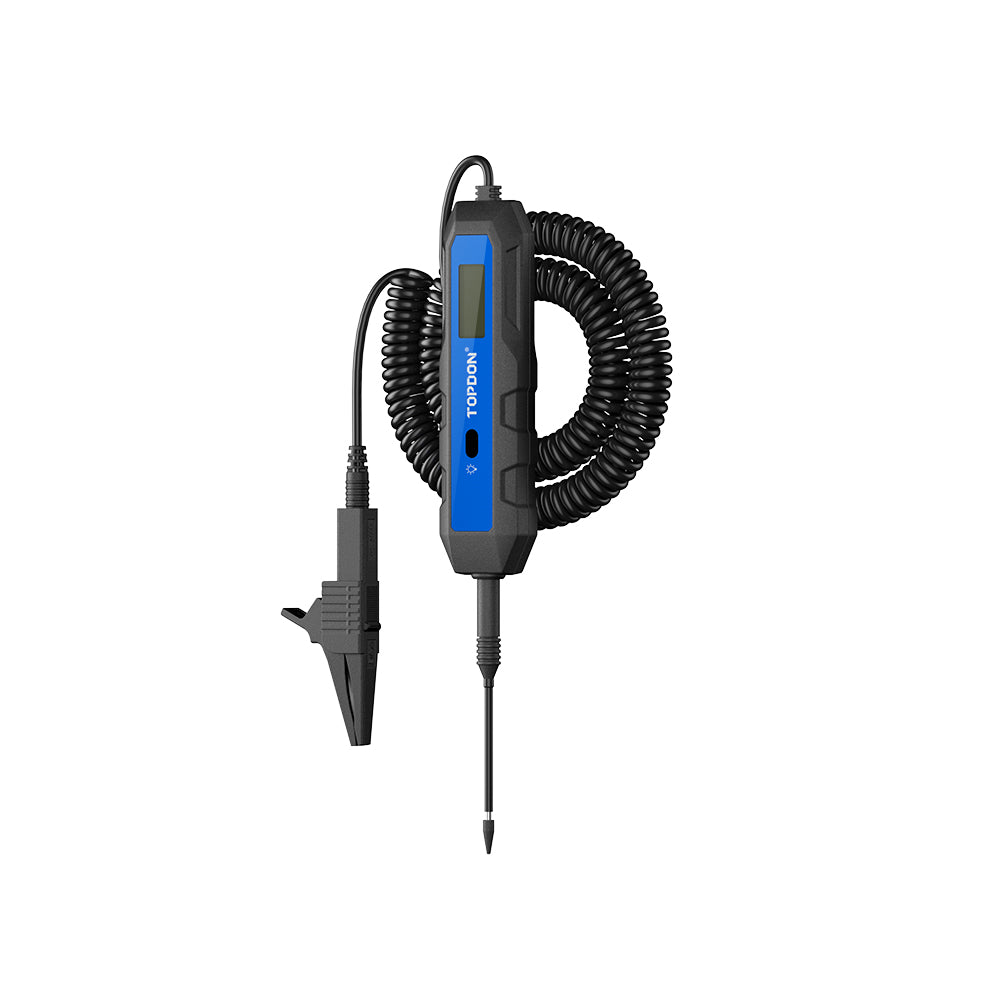Side view of TOPDON CT100 circuit tester highlighting ergonomic grip, LCD display, and coiled cable for extended reach testing