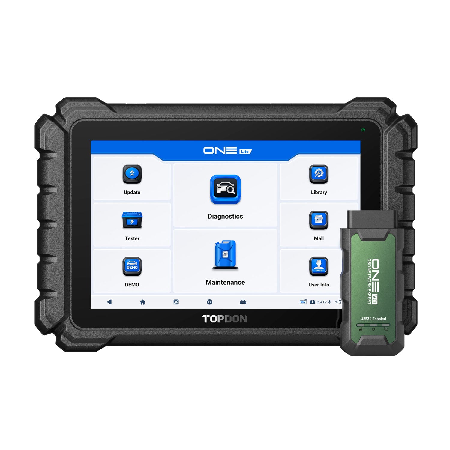 TOPDON ONE Lite professional automotive diagnostic tablet with touchscreen display and wireless VCI module.