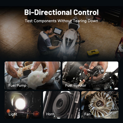 TOPDON ONE Moto bi-directional control for active testing of motorcycle fuel pumps, injectors, lights, horns, and fans