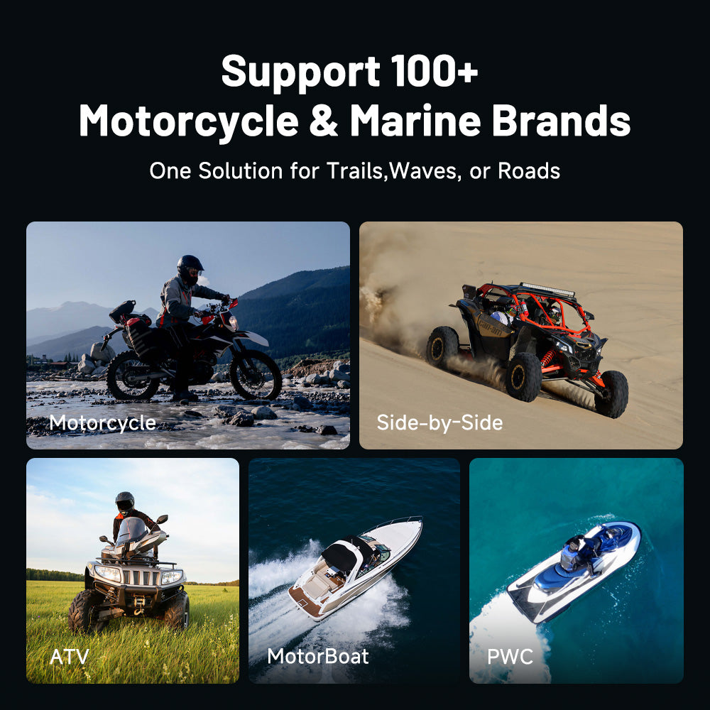 TOPDON ONE Moto diagnostic coverage for motorcycles, side-by-sides, ATVs, boats, and personal watercraft