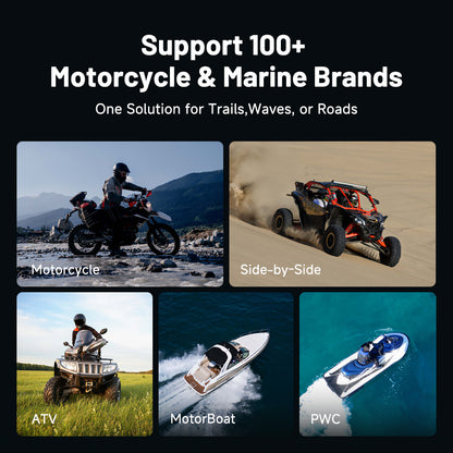 TOPDON ONE Moto diagnostic coverage for motorcycles, side-by-sides, ATVs, boats, and personal watercraft