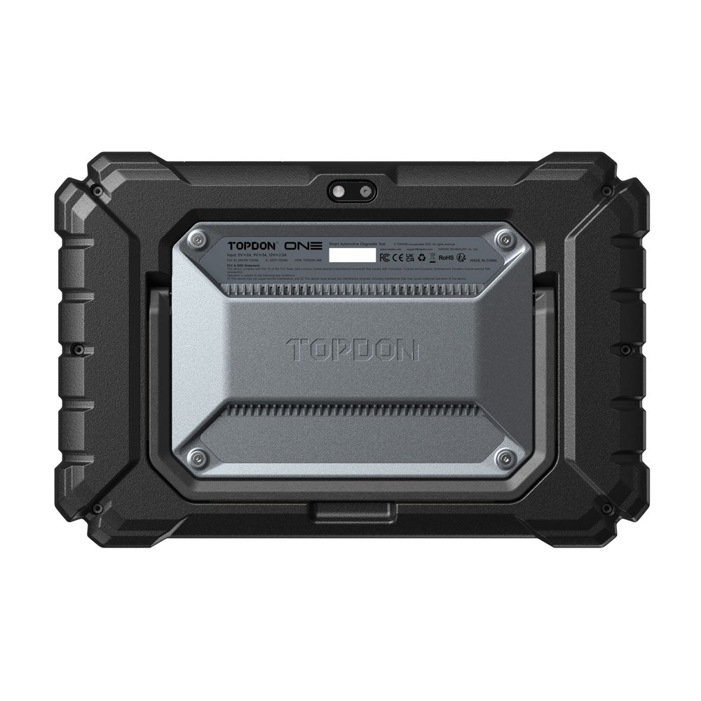 Back view of the TOPDON ONE professional automotive diagnostic tablet with rugged housing.