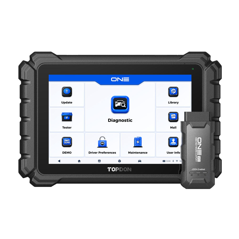 Front view of the TOPDON ONE OE-level diagnostic tool with touchscreen display and VCI module.