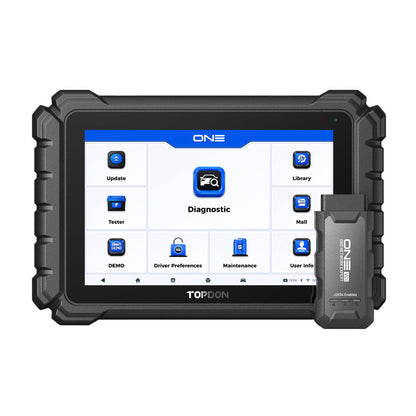 Front view of the TOPDON ONE OE-level diagnostic tool with touchscreen display and VCI module.