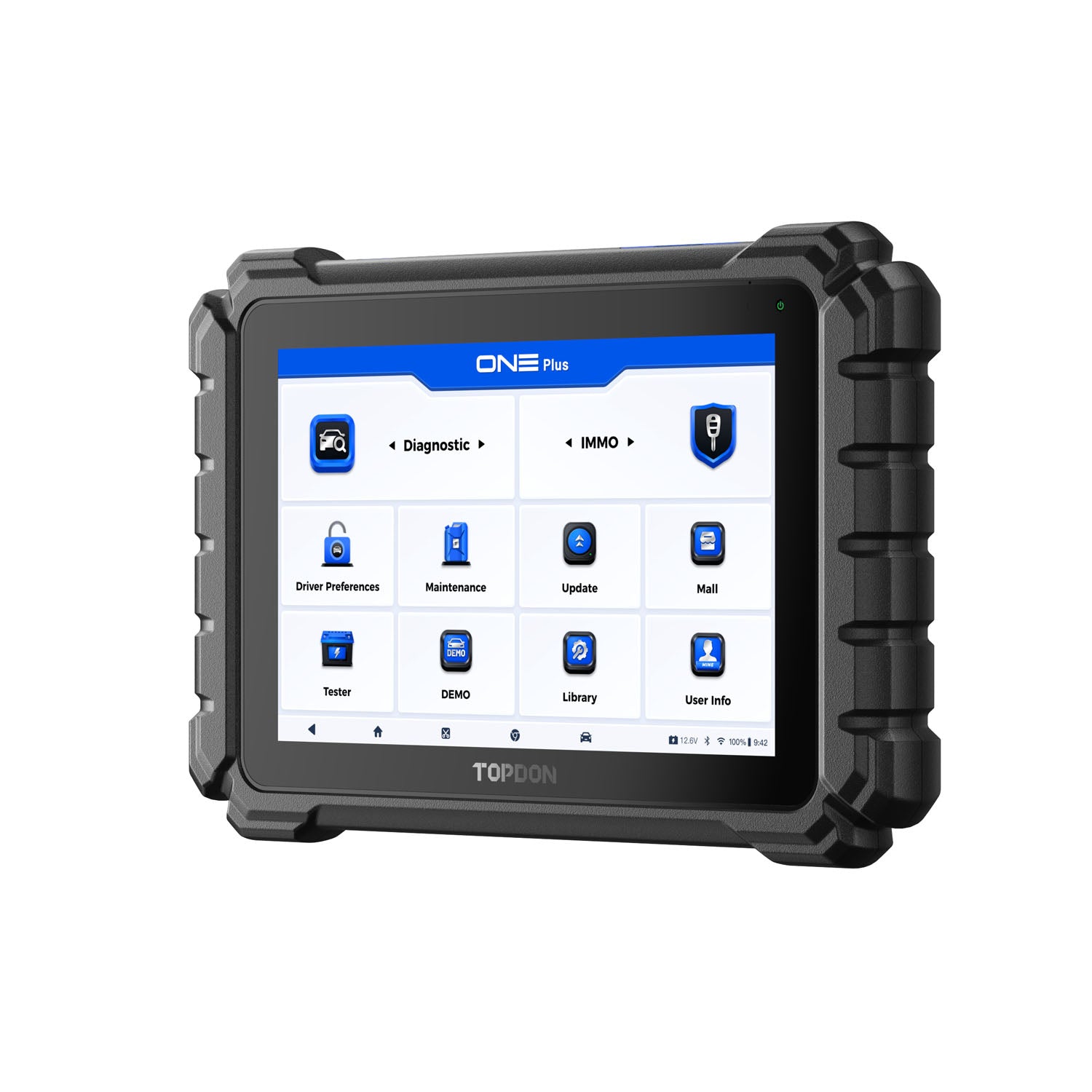 Angled front view of TOPDON ONE Plus automotive diagnostic scanner with touchscreen interface