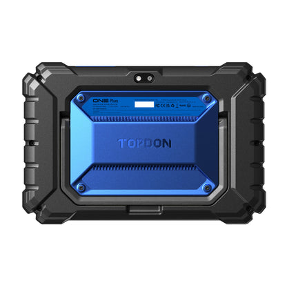 Rear view of TOPDON ONE Plus diagnostic tablet showing reinforced back housing and TOPDON branding