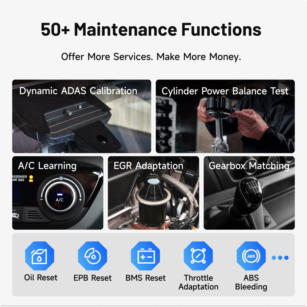 TOPDON ONE Plus with over 50 maintenance functions including oil reset, EPB reset, BMS reset, ABS bleeding, and throttle adaptation