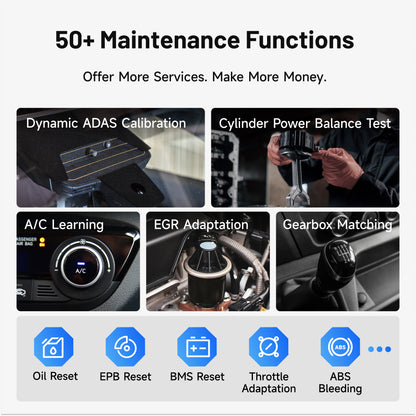 TOPDON ONE Plus with over 50 maintenance functions including oil reset, EPB reset, BMS reset, ABS bleeding, and throttle adaptation