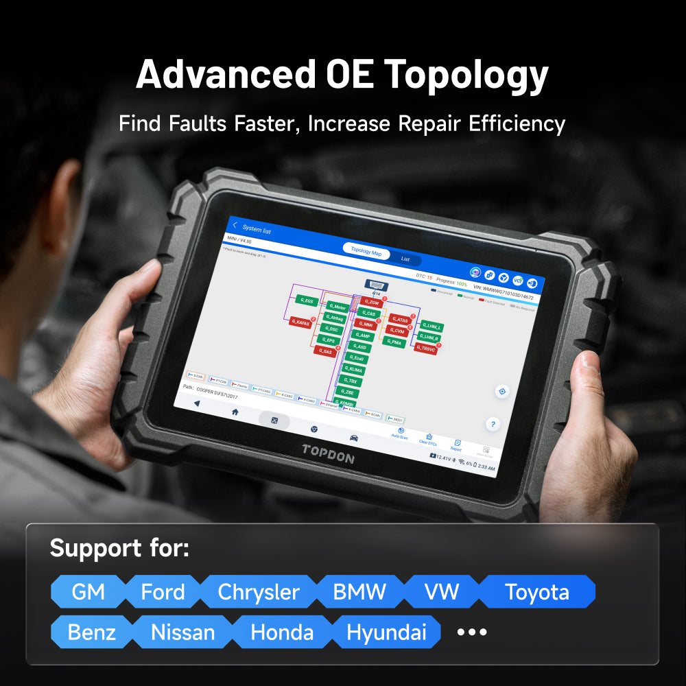 TOPDON ONE Plus displaying OE topology mapping to identify vehicle network faults and communication issues