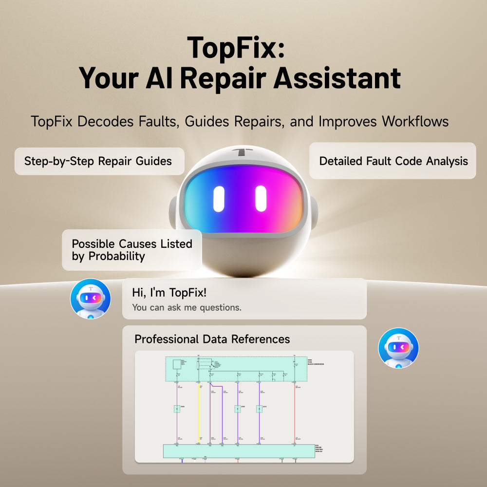 TOPDON ONE Plus with TopFix AI repair assistant offering fault code analysis, repair guidance, and technical references
