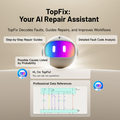 TOPDON ONE Plus with TopFix AI repair assistant offering fault code analysis, repair guidance, and technical references