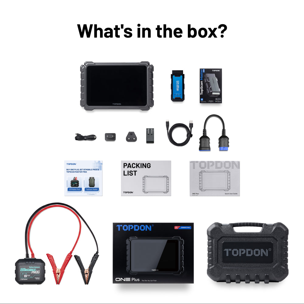 TOPDON ONE Plus package contents including diagnostic tablet, VCI, BTMobile ProS battery tester, carrying case, cables, adapters, charger, and documentation