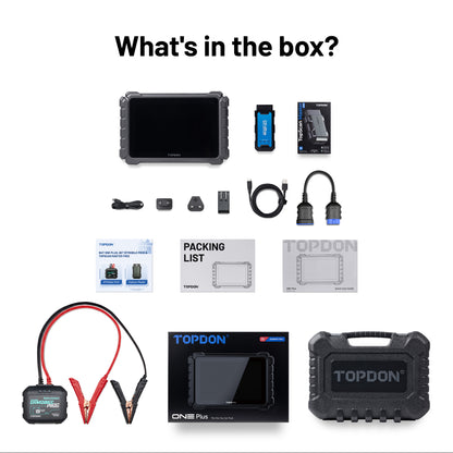TOPDON ONE Plus package contents including diagnostic tablet, VCI, BTMobile ProS battery tester, carrying case, cables, adapters, charger, and documentation