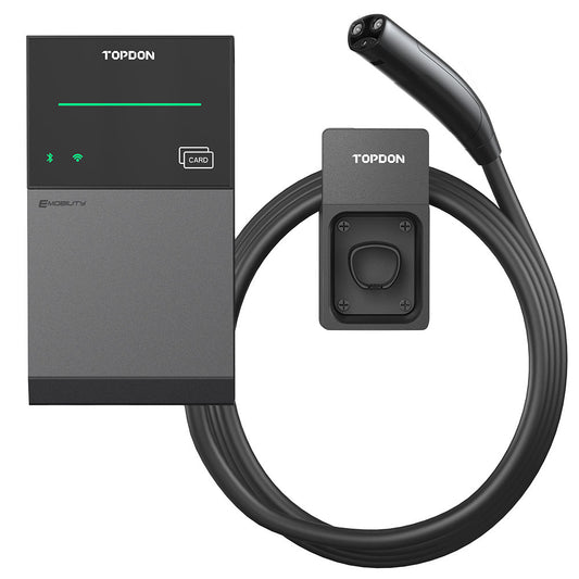 TOPDON PulseQ AC Lite 48A Level 2 EV charger front view with NACS Tesla connector and RFID reader
