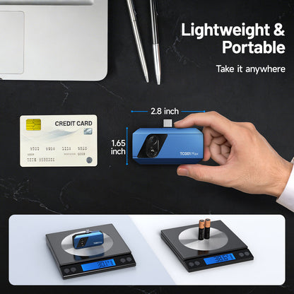 Compact size comparison showing the lightweight and portable design of the TOPDON TC001 Max thermal camera.