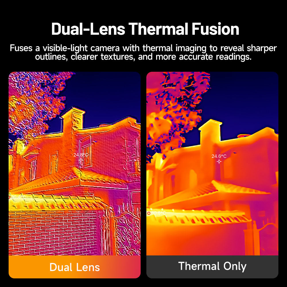 Comparison showing dual-lens thermal fusion versus thermal-only imaging on a building exterior.