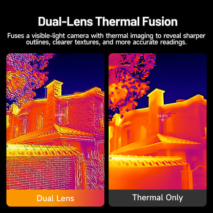 Comparison showing dual-lens thermal fusion versus thermal-only imaging on a building exterior.