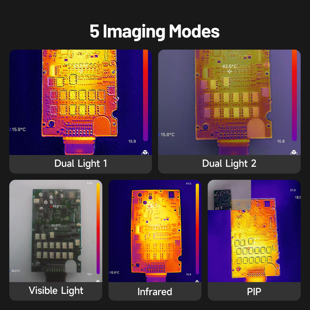 Five imaging modes on the TOPDON TC001 Max including dual light, visible light, infrared, and picture-in-picture.